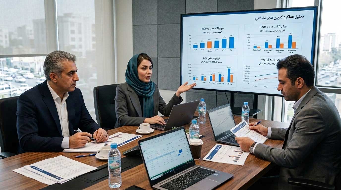 مدیران در حال تحلیل بازگشت سرمایه تبلیغات و بررسی ROI کمپین در جلسه بازاریابی