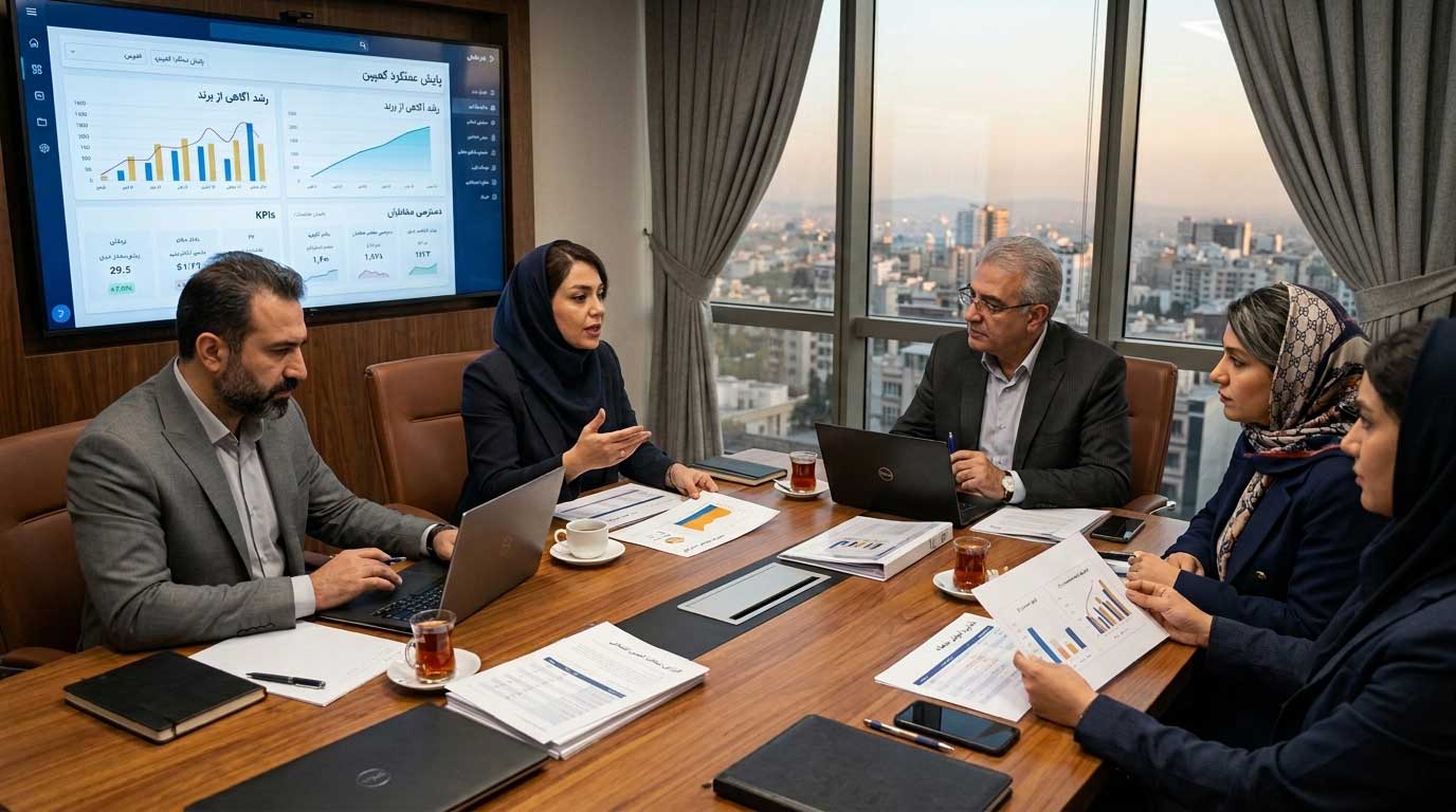 جلسه مدیران برای بررسی بازدهی تبلیغات تلویزیونی و تحلیل گزارش‌های بازاریابی